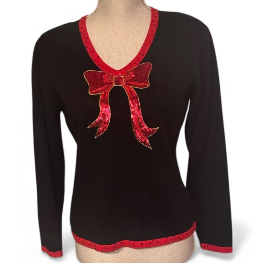 JACK B QUICK Womens V-Neck Black Red Bow Holiday Christmas Festive L/S Top Small